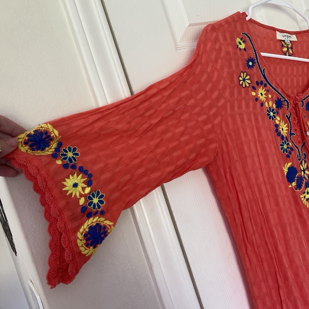 Umgee Coral Embroidered Boho Tunic Top Floral Peasant Blouse Women's L - Picture 3 of 9